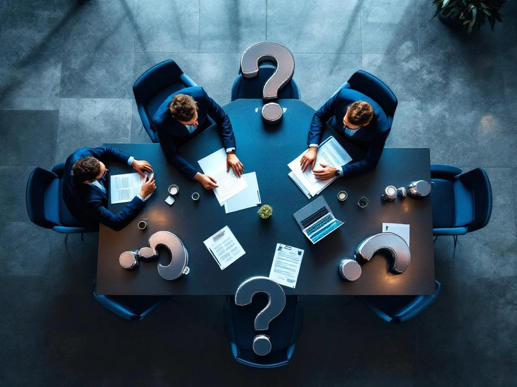 Twee zakenmensen in gesprek aan conferentietafel met acht vraagtekens en laptops tijdens B2B consultatie