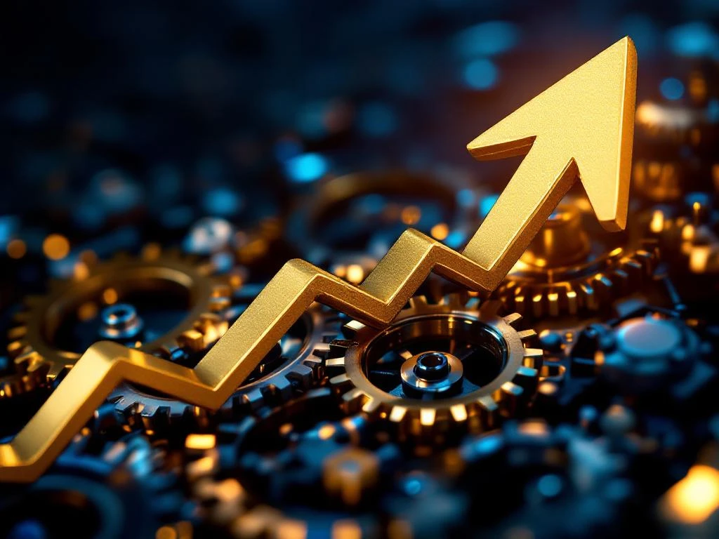 Gouden tandwielen en zilveren mechanische onderdelen met opwaartse pijl, B2B verkoopmachines voor merkwaarde groei