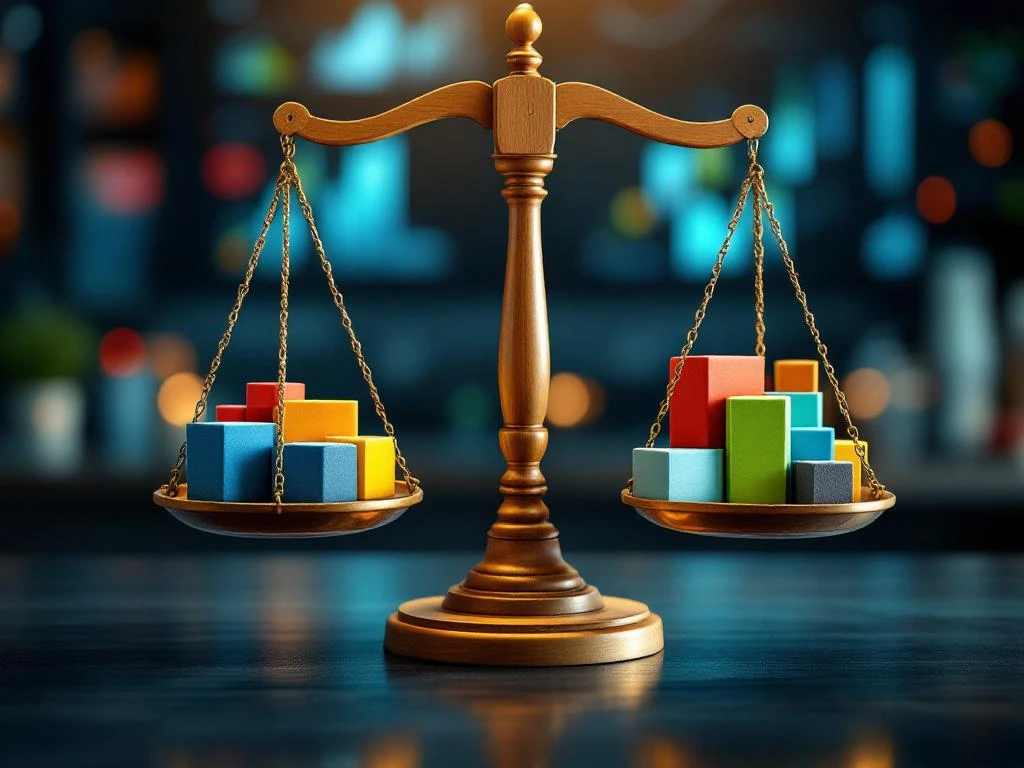 Houten balansschaal met kleurrijke blokken op bureau, zakelijke grafieken op achtergrond, professionele verlichting