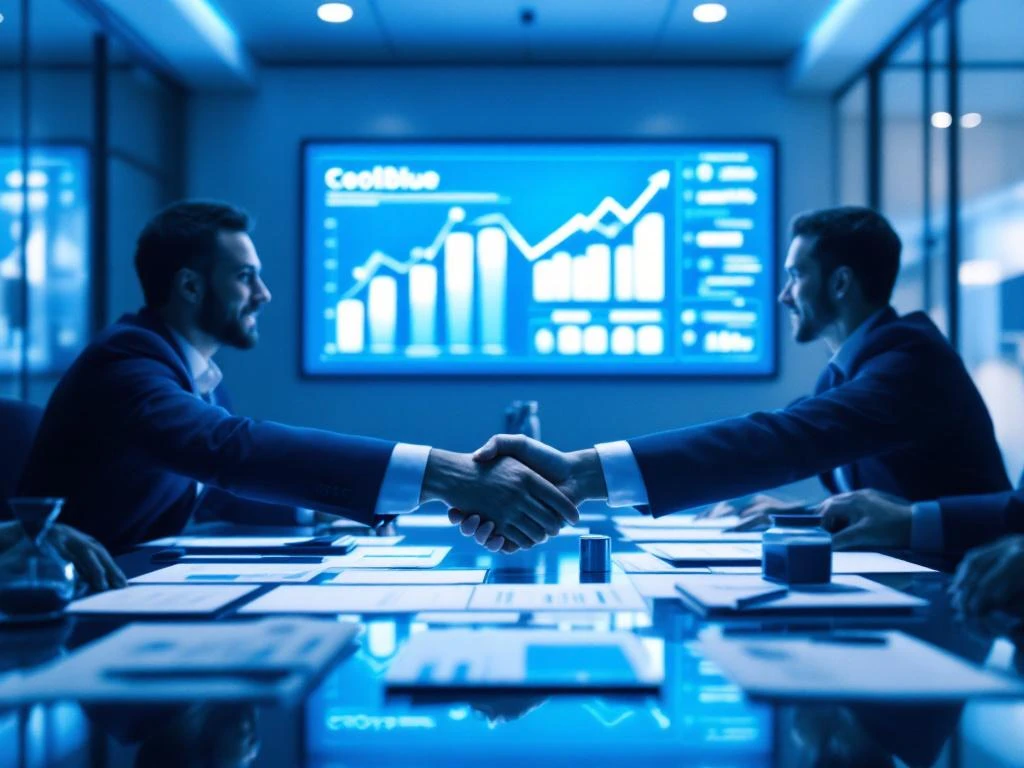 Zakelijke handdruk over documenten in modern kantoor met Coolblue-blauwe verlichting en groeidiagrammen op scherm