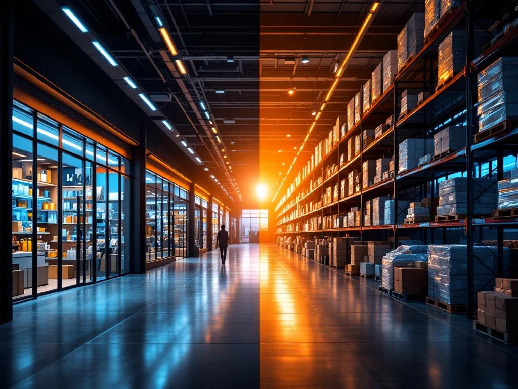 Split-screen vergelijking van moderne winkel met individuele producten links en groothandel magazijn met pallets rechts