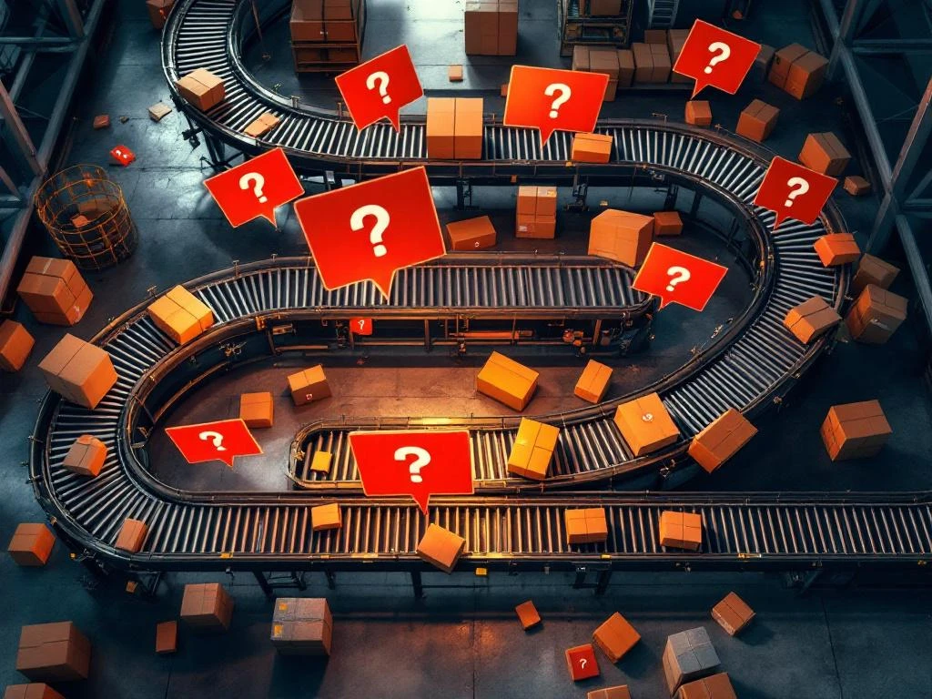 Moderne distributiehal met verkeerd gerichte transportbanden, rode waarschuwingsborden en verspreide dozen in chaotisch doolhof