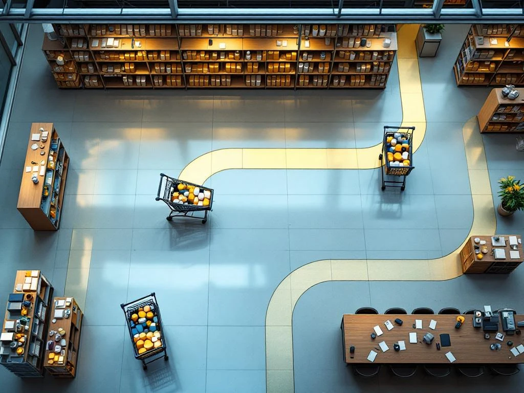 Bovenaanzicht van moderne winkelindeling met lege en gevulde schappen verbonden door gouden paden, winkelwagentjes en prijslabels