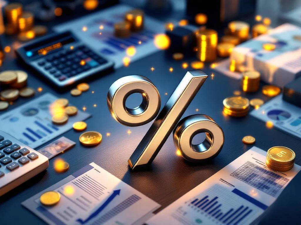 Moderne bestuurskamer met financiële grafieken, holografische percentagesymbolen en strategische prijsberekeningen voor retail