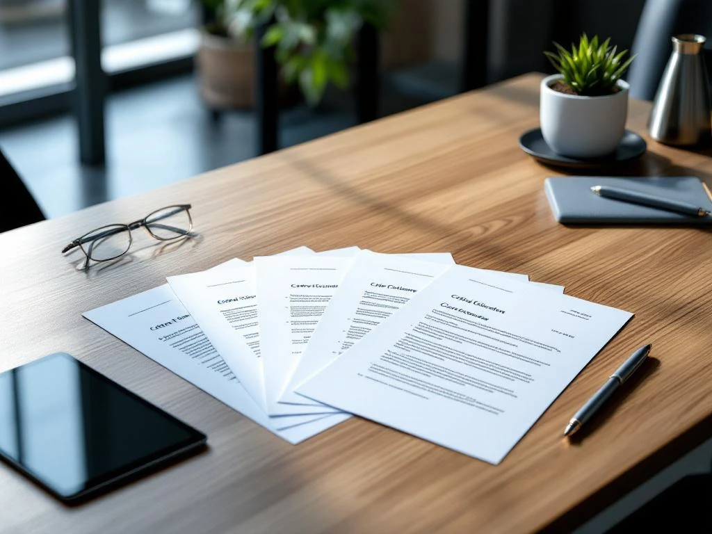 Vijf zakelijke documenten gerangschikt op houten bureau met tablet en pen in moderne kantooromgeving