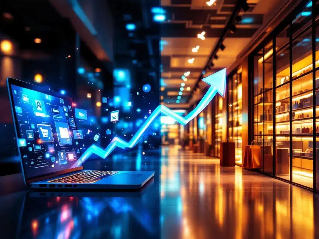 Split-screen toont transformatie van laptop met e-commerce website naar fysieke winkel, verbonden door pijl