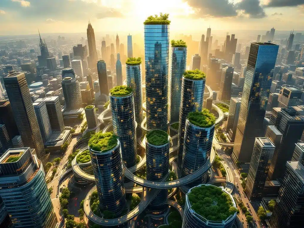 Luchtfoto van moderne glazen kantoorgebouwen in spiraalvorm met groene dakterrassen, verlicht door gouden zonlicht