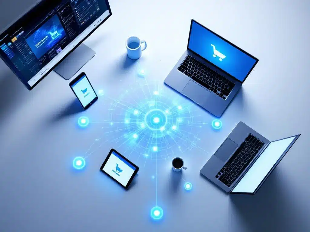 Verbonden apparaten in cirkel met identieke winkelinterface, verbonden door blauwe digitale paden op witte ondergrond