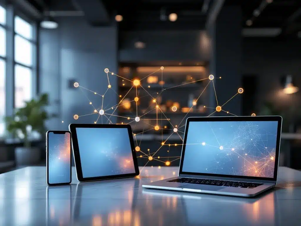 Moderne zakelijke apparaten met onderling verbonden digitale interfaces tonen naadloze omnichannel klantervaring