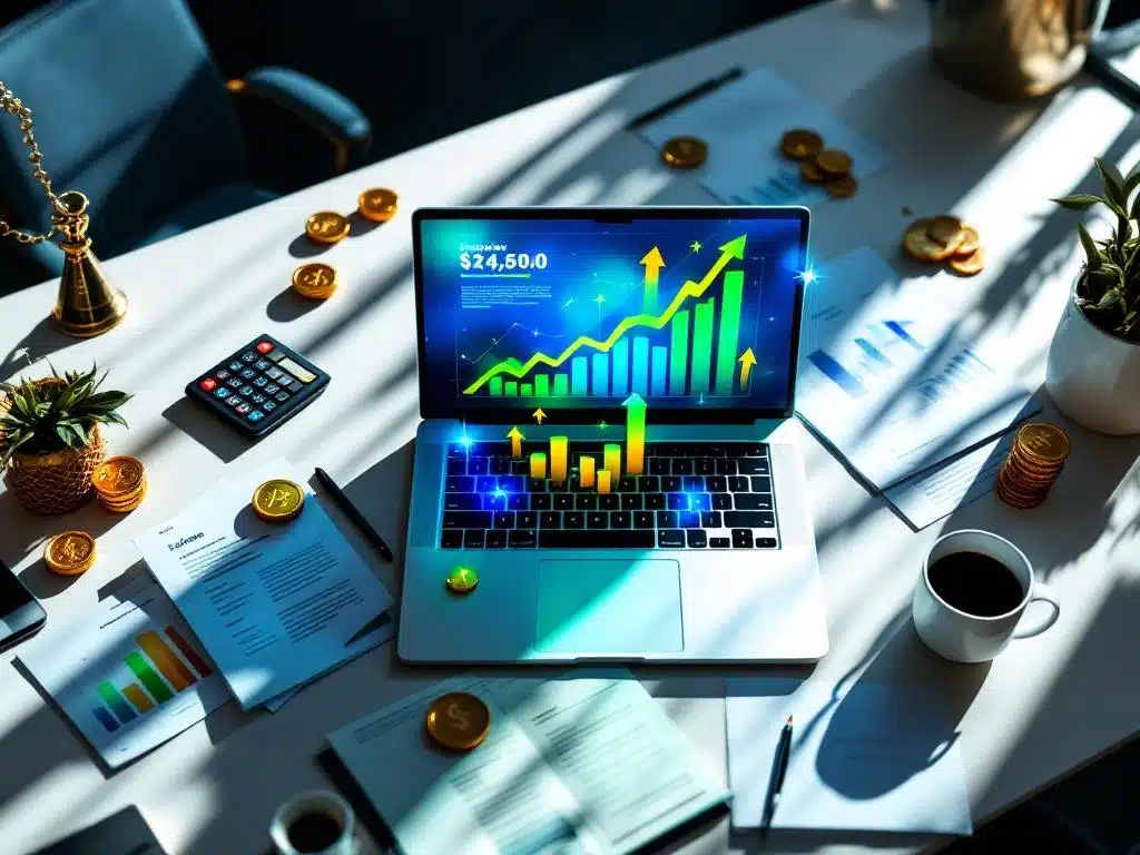 Laptop met groeigrafieken en gouden munten op modern bureau, symboliseert financieel succes en bedrijfsgroei