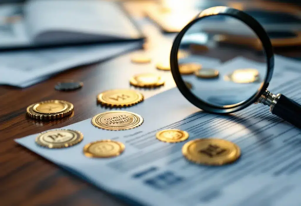 Certificeringsdocumenten met gouden kwaliteitsstempels op houten bureau, vergrootglas toont goedkeuringszegels