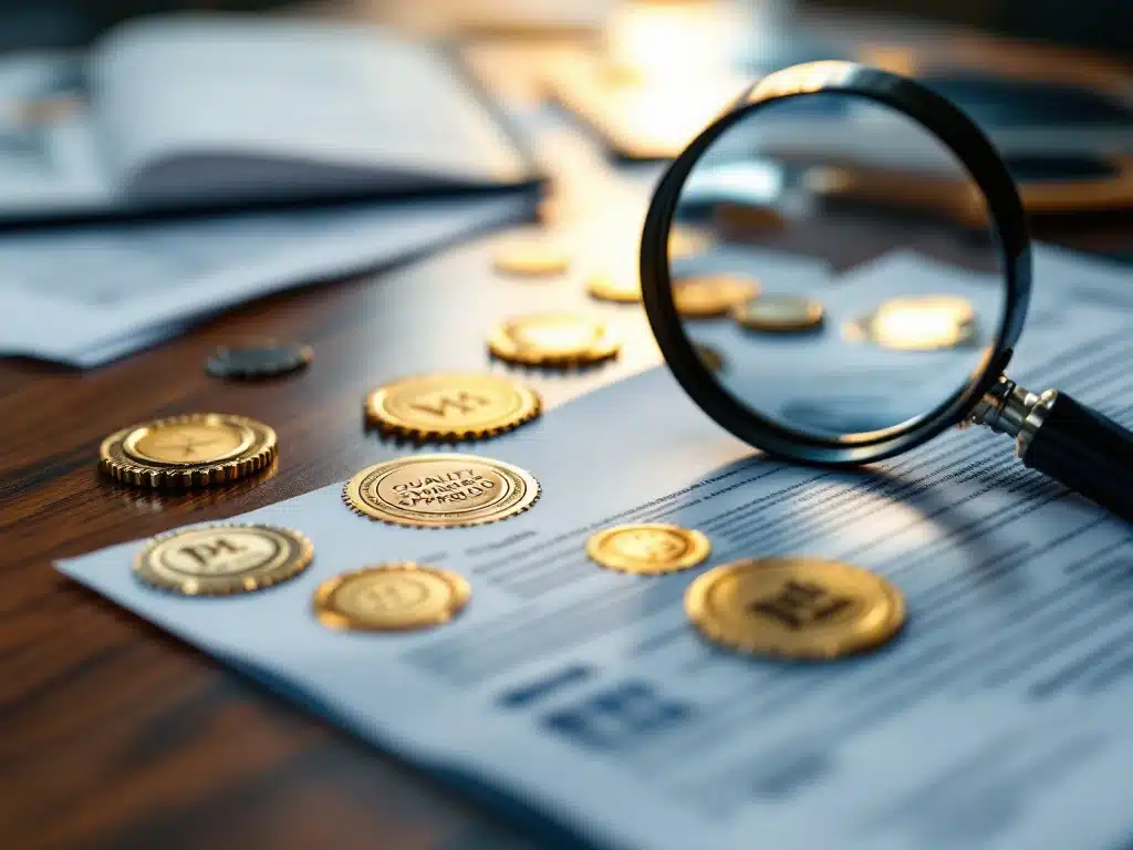Certificeringsdocumenten met gouden kwaliteitsstempels op houten bureau, vergrootglas toont goedkeuringszegels