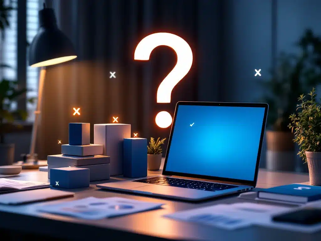 Modern kantoorbureau met laptop met Coolblue interface, acht productdozen met vinkjes en kruisjes, vraagtekenssymbool op achtergrond