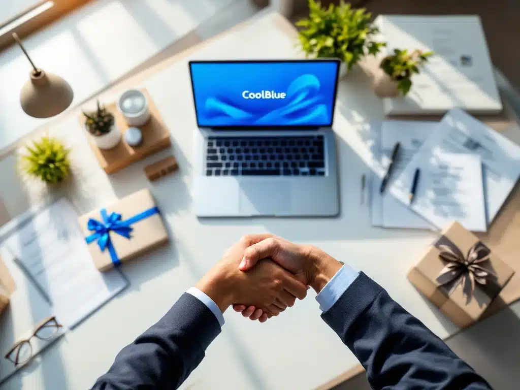 Zakelijke handdruk boven modern bureau met laptop, productsamples en documenten in Coolblue-kantoor