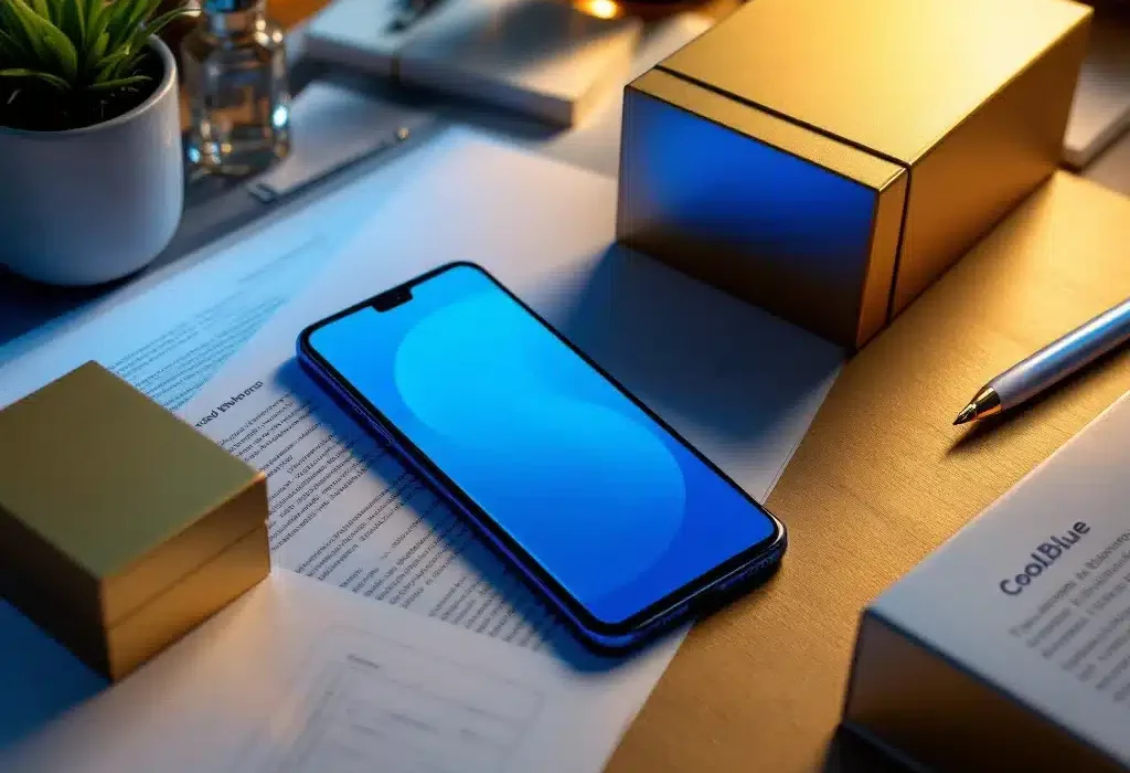 Moderne smartphone met Coolblue interface naast premium verpakkingsdozen op professioneel bureau met documenten