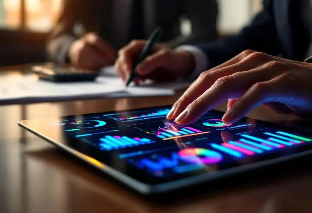 Handen analyseren kleurrijke datavisualisaties op tablet met grafieken en diagrammen op conferentietafel