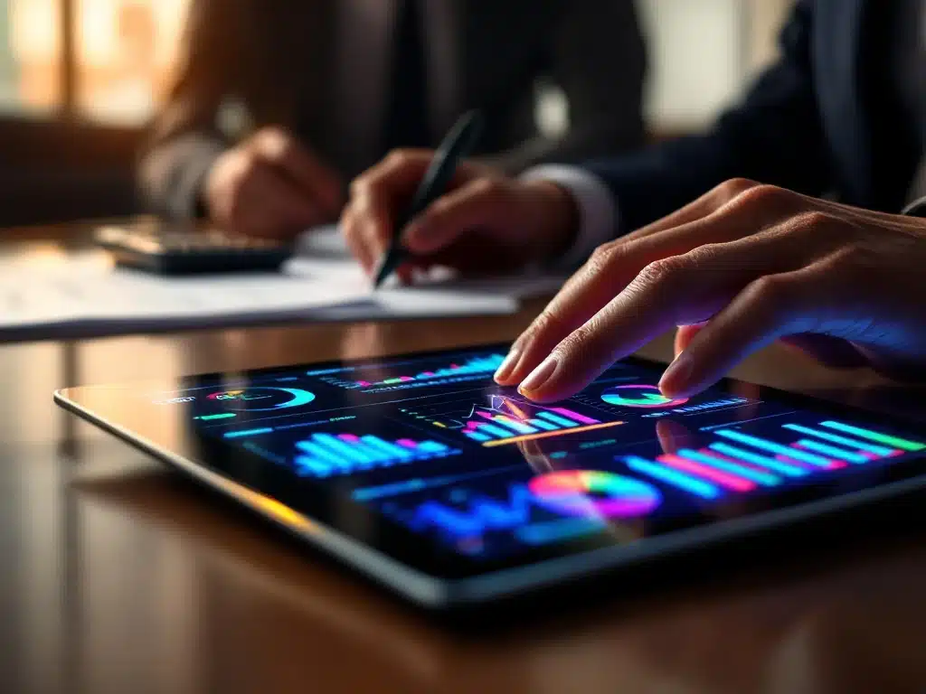 Handen analyseren kleurrijke datavisualisaties op tablet met grafieken en diagrammen op conferentietafel