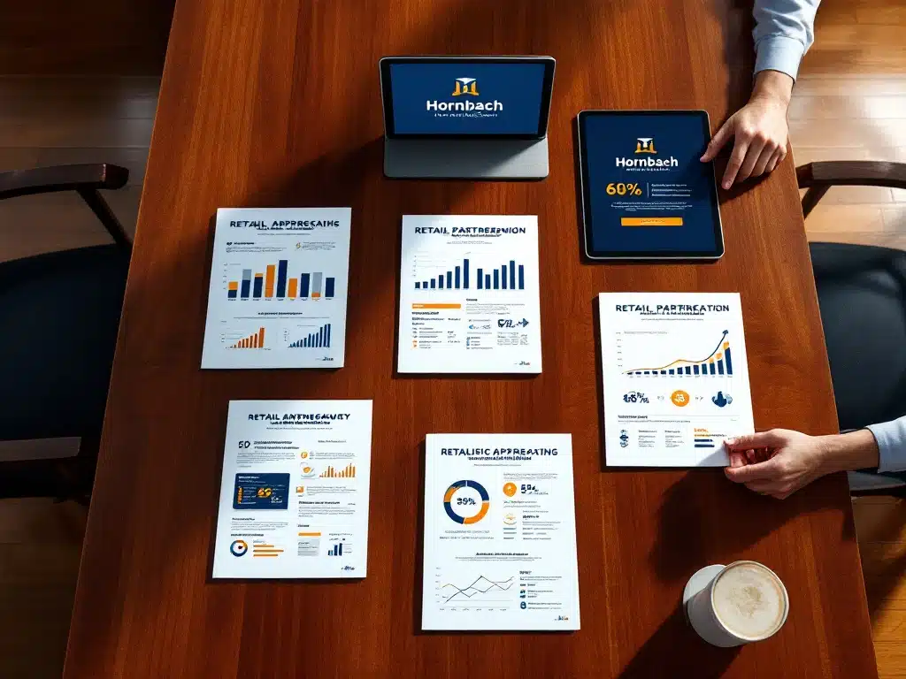 Mahonie vergadertafel met zeven strategische retailpartnerschap documenten, tablet met Hornbach logo en B2B marketing elementen