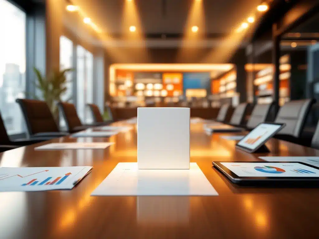 Witte productdoos op mahonie vergadertafel omringd door bedrijfsdocumenten met groei-analyses en Karwei winkel op achtergrond