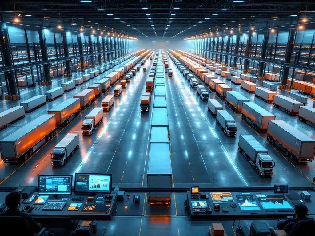 Luchtfoto van moderne magazijnfaciliteit met vrachtwagens en controlekamer met logistieke data-analyse schermen