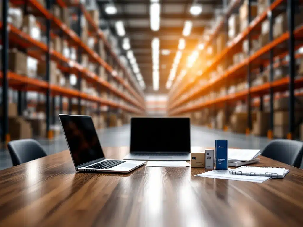 Moderne magazijnruimte met oranje stellingen, conferentietafel met laptop en documenten op voorgrond