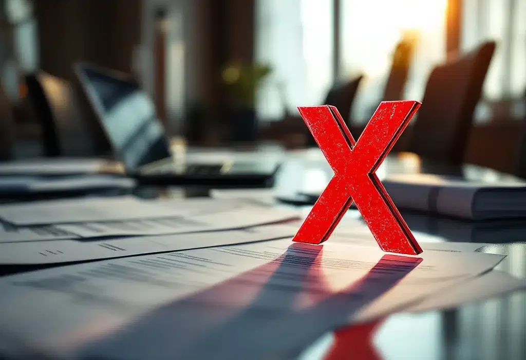 Zakelijke documenten met rode X-stempel op gepolijste vergadertafel, laptop en presentatiemateriaal in corporate kantoor