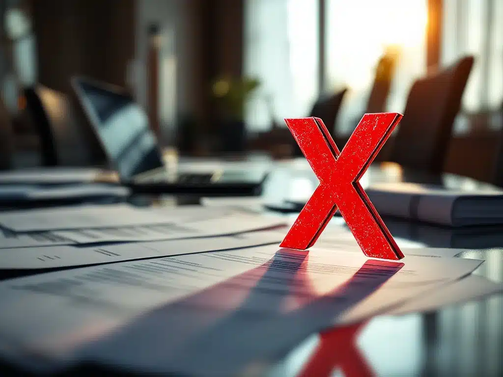 Zakelijke documenten met rode X-stempel op gepolijste vergadertafel, laptop en presentatiemateriaal in corporate kantoor