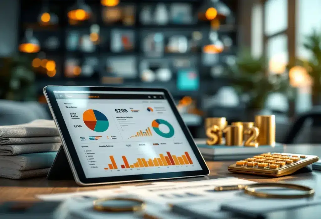 Tablet met productanalyses omringd door productmonsters, calculator, handdruk en vergrootglas op moderne kantoorachtergrond