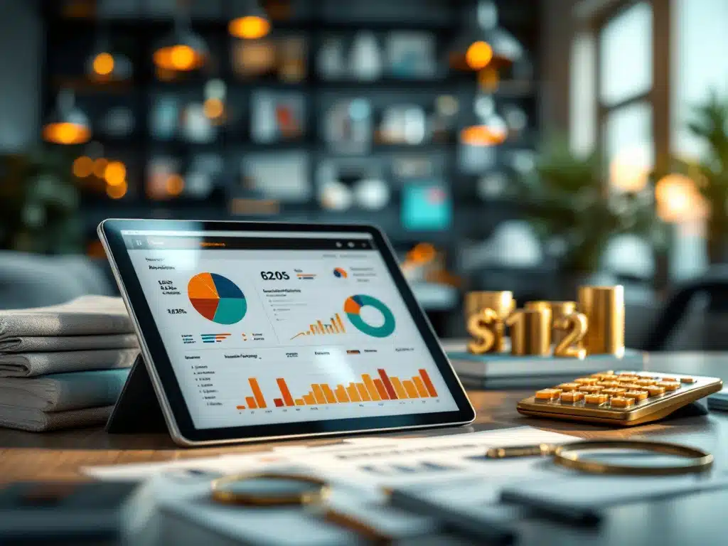 Tablet met productanalyses omringd door productmonsters, calculator, handdruk en vergrootglas op moderne kantoorachtergrond