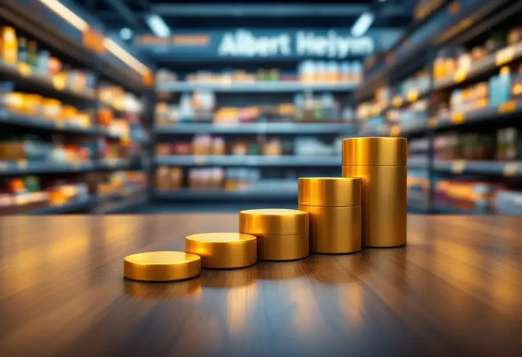 Zeven gouden stapstenen op houten tafel met Albert Heijn winkelschap op achtergrond, symboliseert retail succes