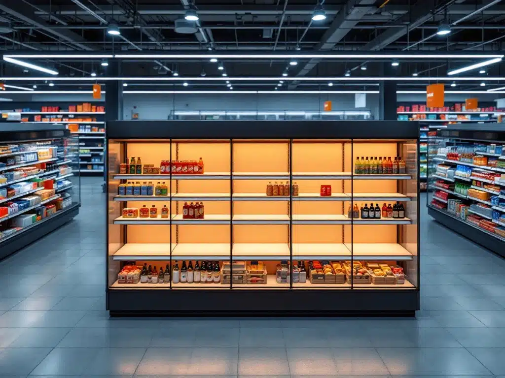 Luchtfoto van moderne Jumbo supermarktschappen met lege premium schapruimte in warme verlichting tussen georganiseerde producten