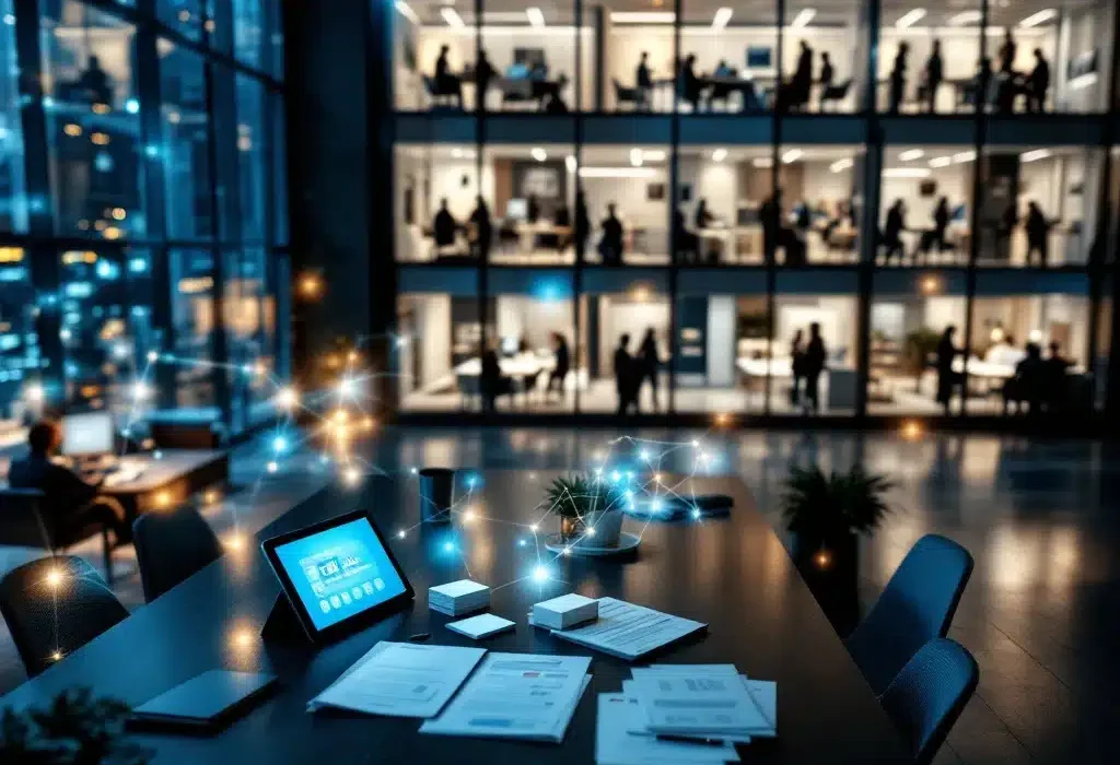 Luchtfoto modern kantoorgebouw met vergadertafel vol visitekaartjes en tablet met retaildirectory interface