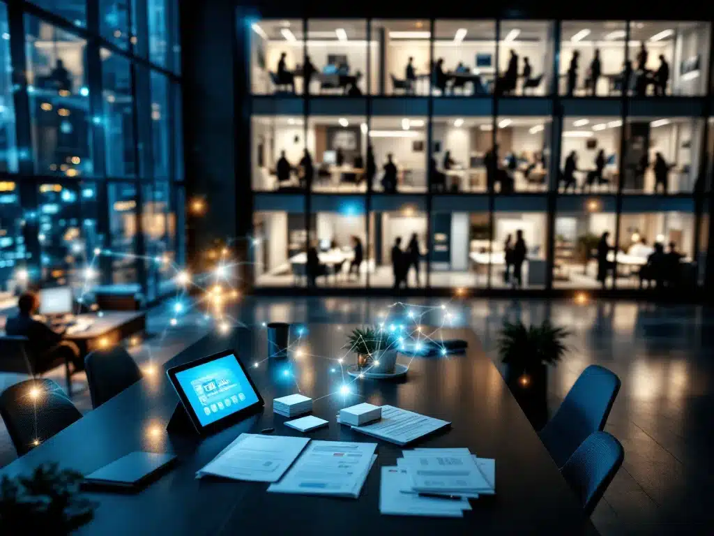 Luchtfoto modern kantoorgebouw met vergadertafel vol visitekaartjes en tablet met retaildirectory interface