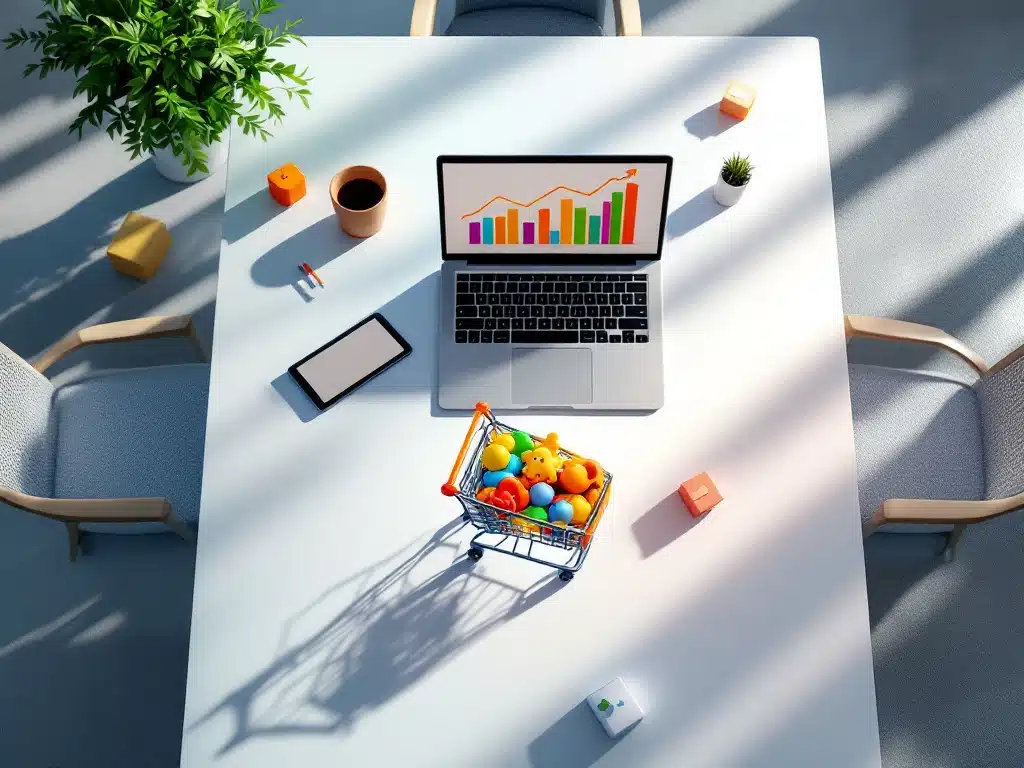 Miniatuur winkelwagentje met babyspeelgoed op witte vergadertafel met laptop, documenten en tablet voor bedrijfsstrategie