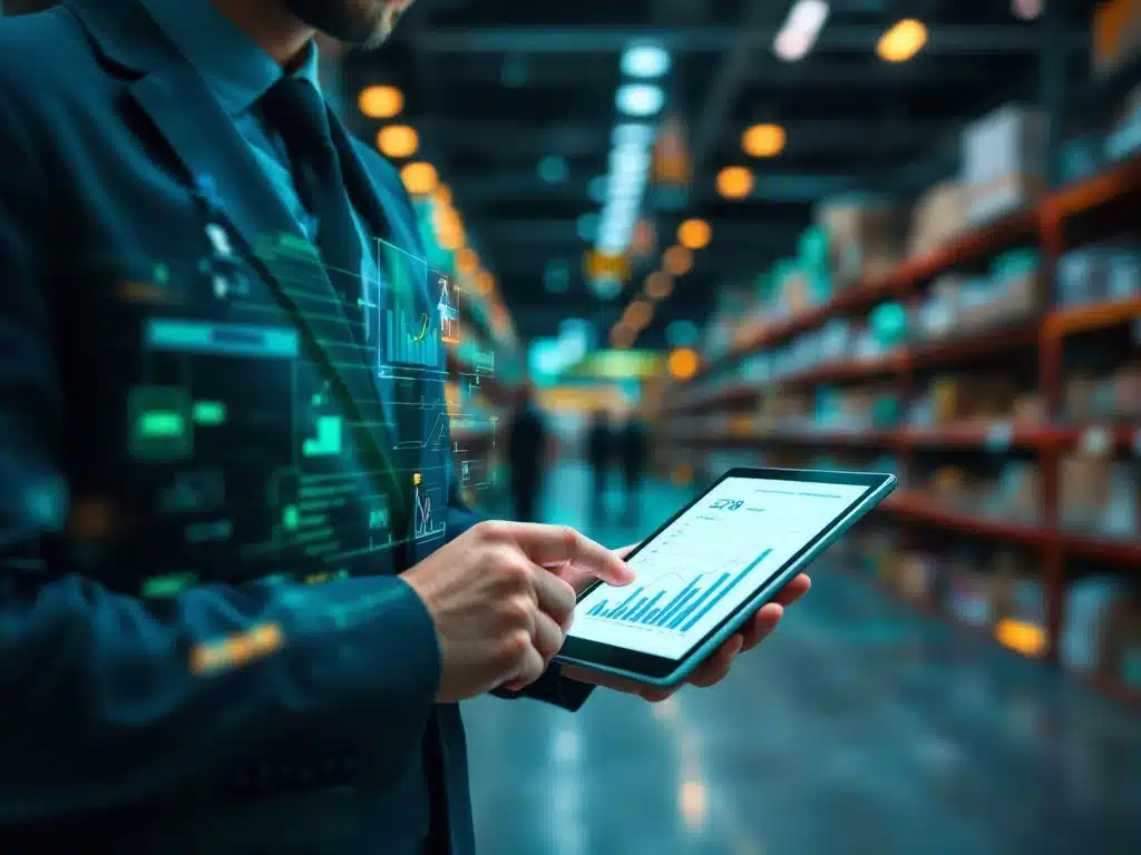 Modern B2B distributiecentrum met tablet die verkoopgegevens toont naast retailproducten en gevisualiseerde omnichannel-strategie met verbonden verkoopkanalen.