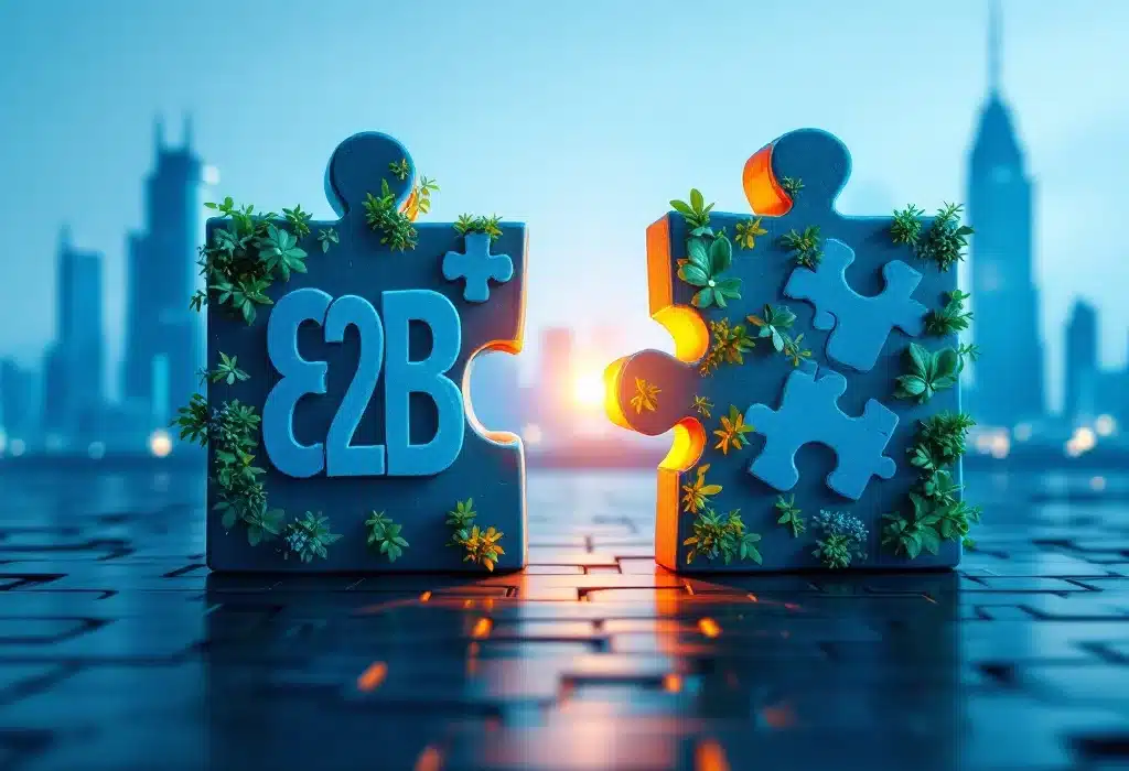 Twee zakelijke puzzelstukken bijna verbonden; één met B2B-symbolen, ander met groeigrafiek tegen vage kantoorgebouwen in blauwtinten.