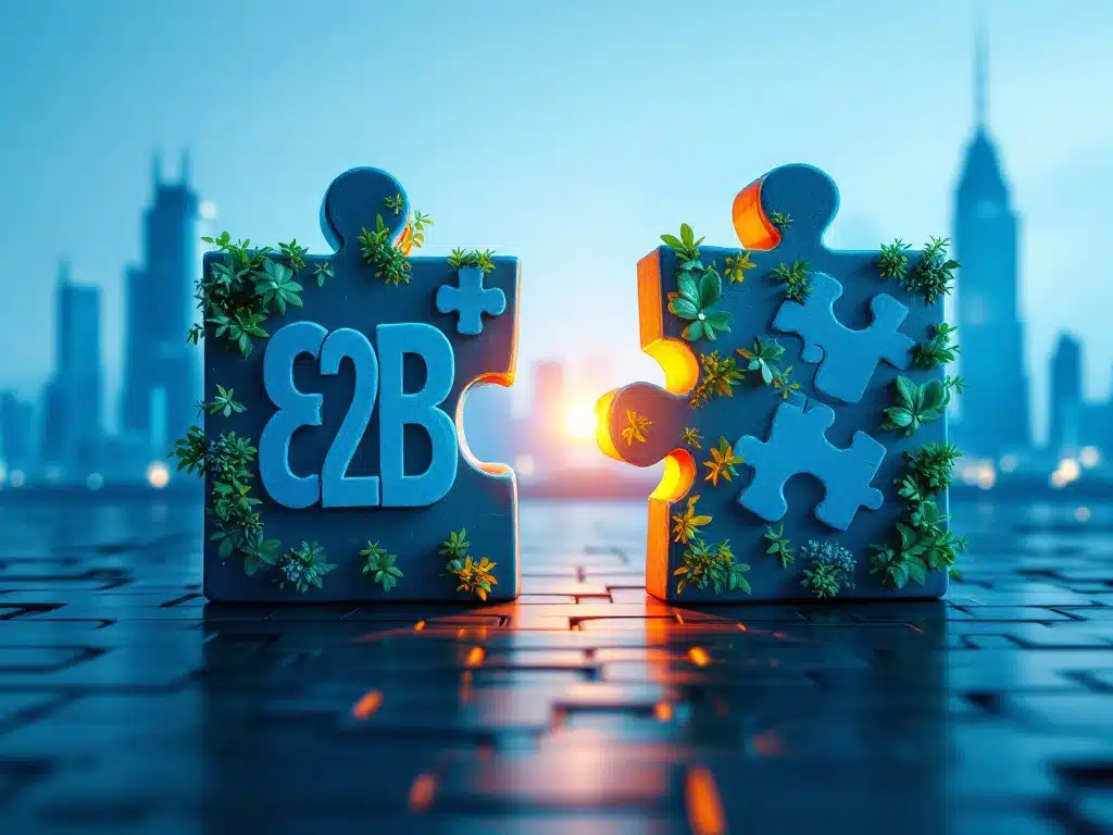 Twee zakelijke puzzelstukken bijna verbonden; één met B2B-symbolen, ander met groeigrafiek tegen vage kantoorgebouwen in blauwtinten.