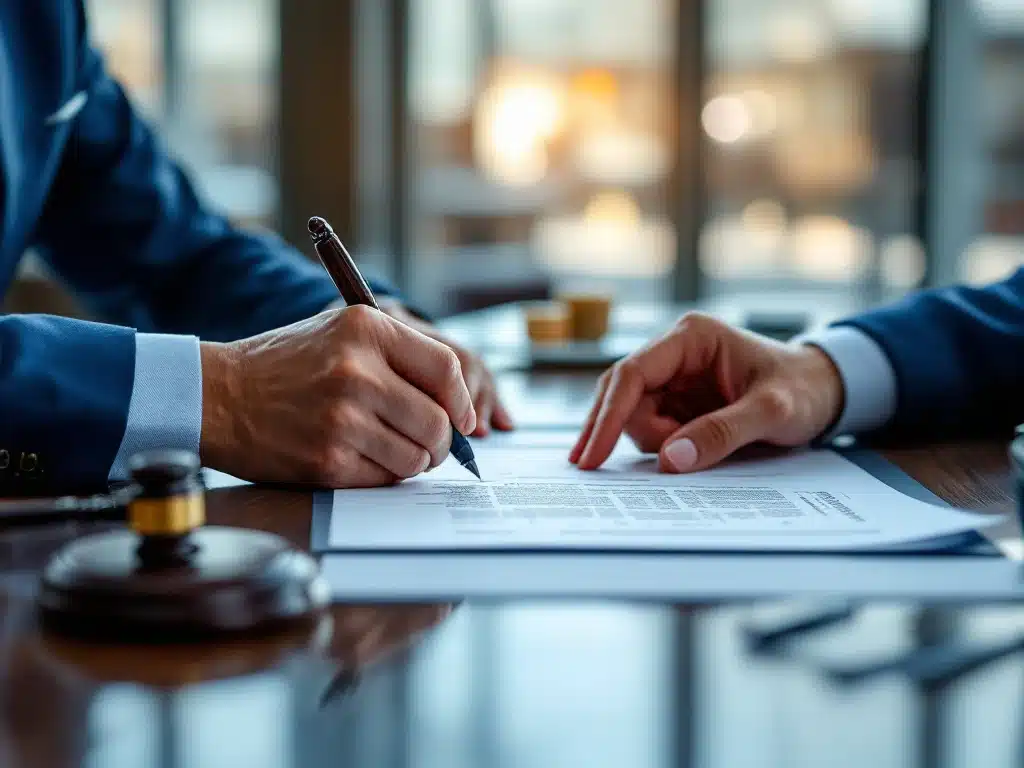 Handen ondertekenen juridisch contract op vergadertafel met rechtershamer, zegels en hangslot, symboliserend bescherming van intellectueel eigendom en zakelijke samenwerking.