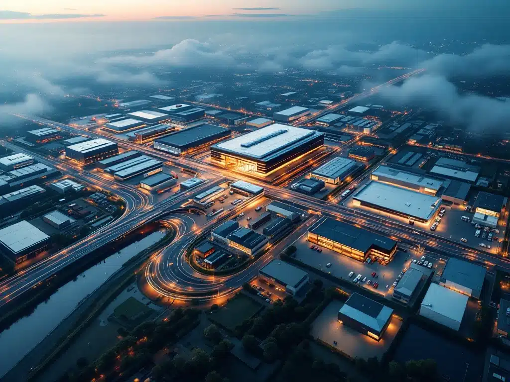 Modern distributienetwerk met dieptestrategie (links) versus breedtestrategie (rechts), centraal een MarketLeap-blauwe hub boven B2B-stadsgezicht.
