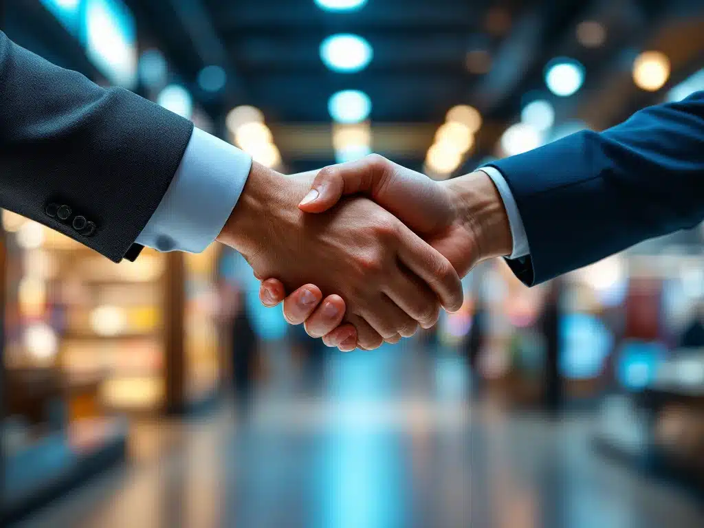 Handdruk tussen vertegenwoordiger van klein merk en grote retailer in winkelomgeving, symboliserend groeikansen voor kleine merken in de detailhandel.