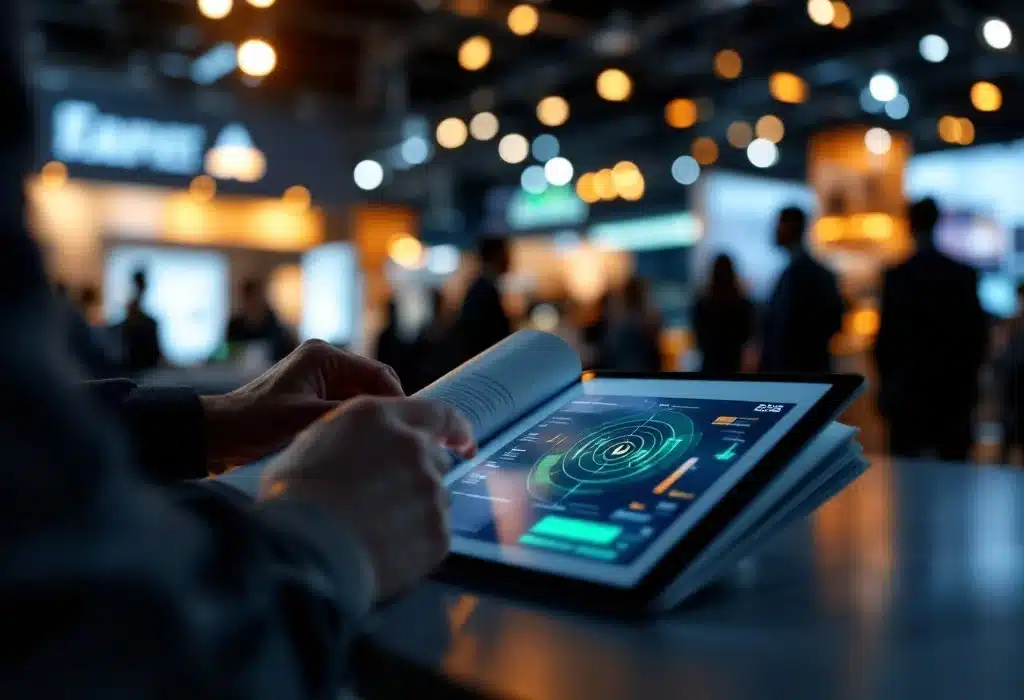 Opvallende productdisplay op handelsbeurs trekt zakelijke bezoekers aan, met strategische belichting, elegante catalogus en tablet die toenemende merkzichtbaarheid symboliseert.