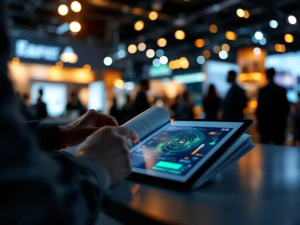 Opvallende productdisplay op handelsbeurs trekt zakelijke bezoekers aan, met strategische belichting, elegante catalogus en tablet die toenemende merkzichtbaarheid symboliseert.
