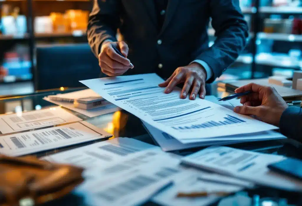 Professionele inkoper analyseert handelsdocumenten aan een glazen bureau met een briefcase, terwijl producten met streepjescodes op winkelschappen staan.