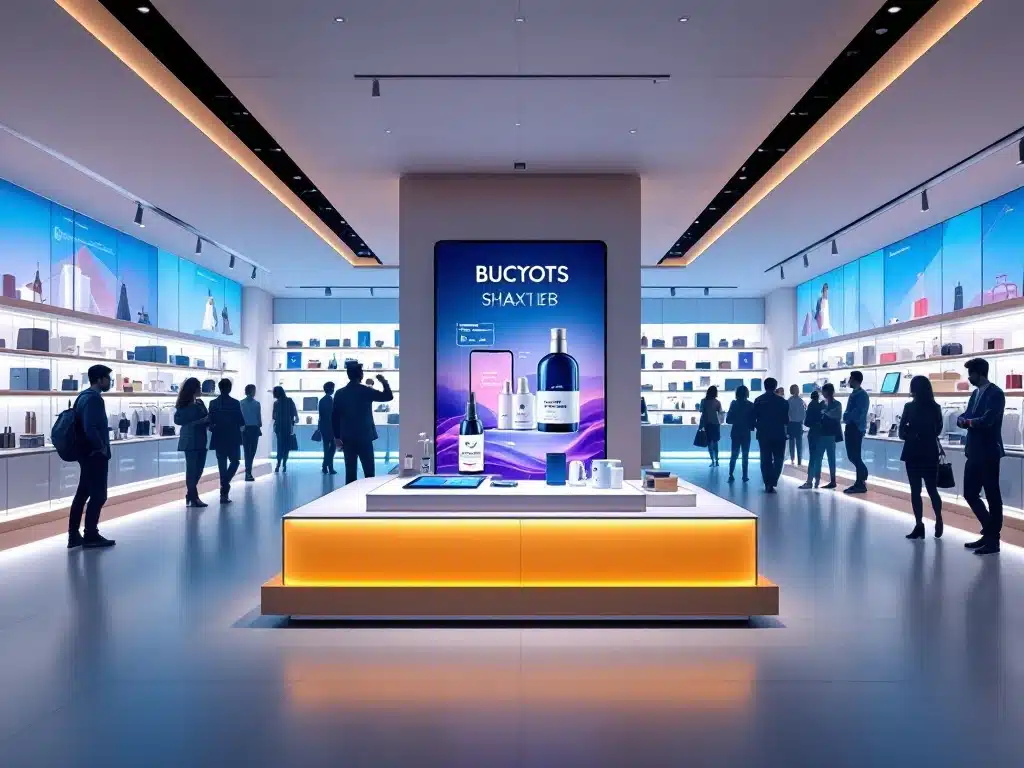 Moderne winkelinterieur dat naadloos overvloeit in digitale interfaces, met centraal productdisplay dat transformeert naar tablet en smartphone, verbonden door blauw-oranje verloop.