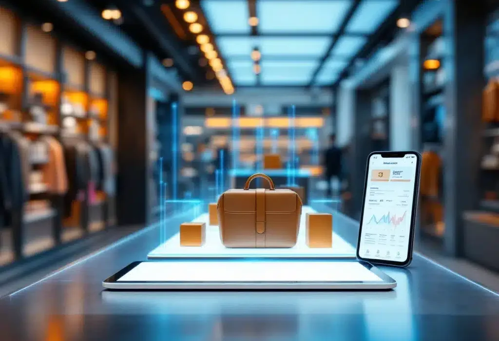 Omnichannel visualisatie: productdisplay verbindt winkelomgeving met digitale interfaces via blauwe datalijnen voor geïntegreerde klantervaring.
