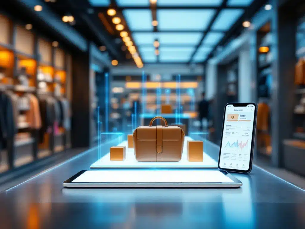 Omnichannel visualisatie: productdisplay verbindt winkelomgeving met digitale interfaces via blauwe datalijnen voor geïntegreerde klantervaring.