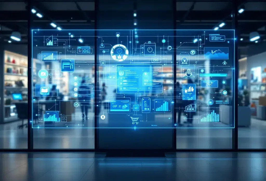 Modern kantoorinterieur met transparant touchscreen dat omnichannel retail visualiseert tussen fysieke winkel en digitale webshop, verbonden door blauwe datalijnen.