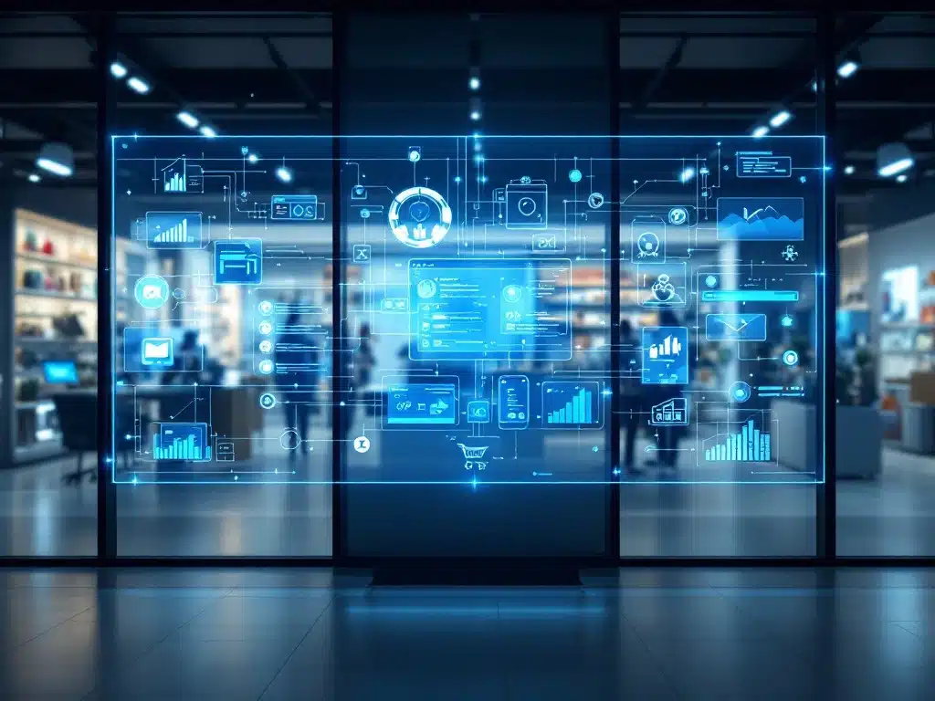 Modern kantoorinterieur met transparant touchscreen dat omnichannel retail visualiseert tussen fysieke winkel en digitale webshop, verbonden door blauwe datalijnen.
