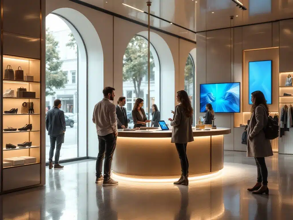 Futuristische winkelomgeving met fysiek-digitale integratie: meubel met tablet, klanten en symbolische lichtlijn voor omnichannel retail.