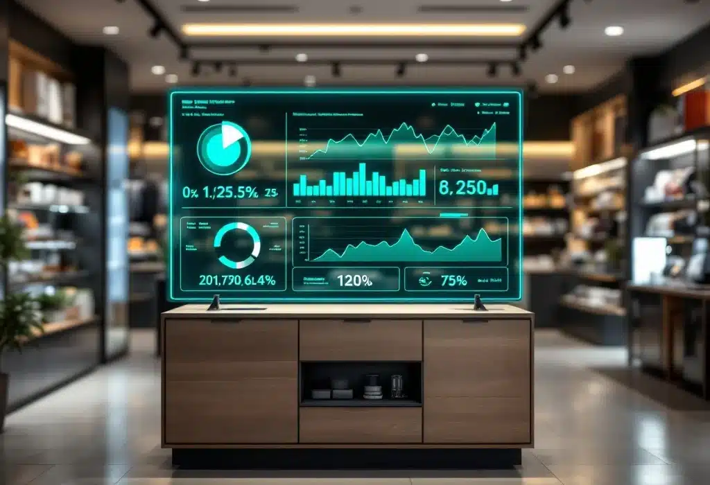 Moderne omnichannel retail omgeving met geïntegreerde fysieke winkel en webshop, verbonden door datalijnen en een holografisch dashboard dat ROI-metrics toont.